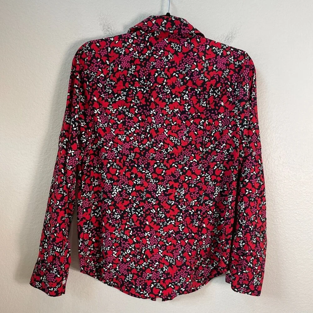 Michael Kors Womens Small Floral Zip Up Blouse‎ Roll Tab Sleeve Shirt Top